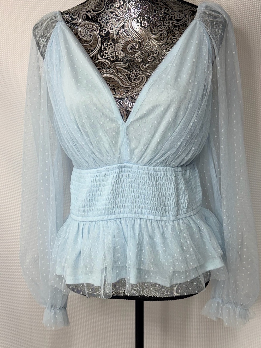 Mi Ami Light Blue Puff Sleeve V-Neck Peplum Blouse